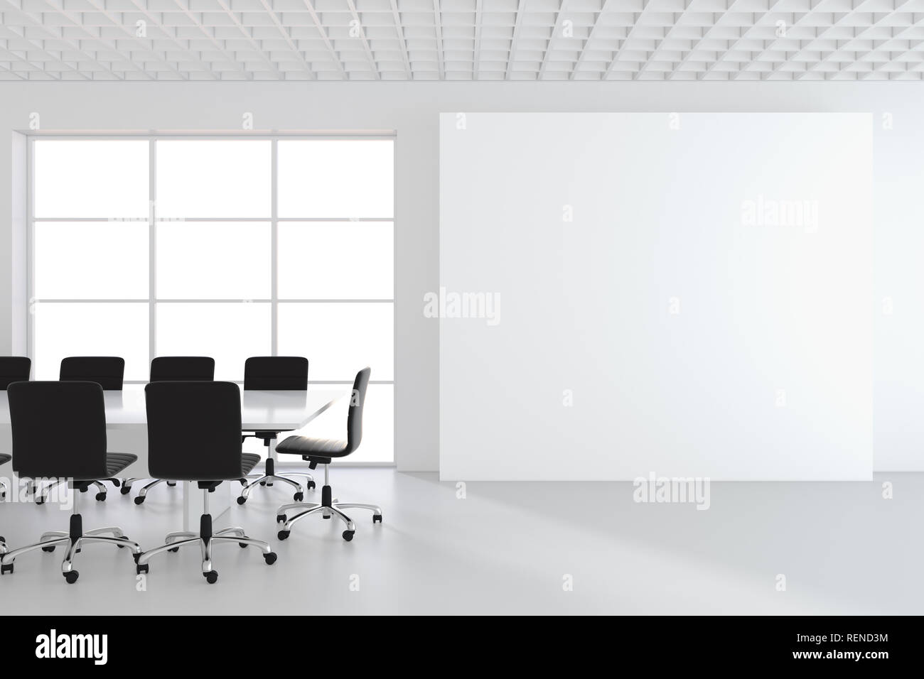 White office and blank banner in interior with large window. 3D Rendering Stock Photo