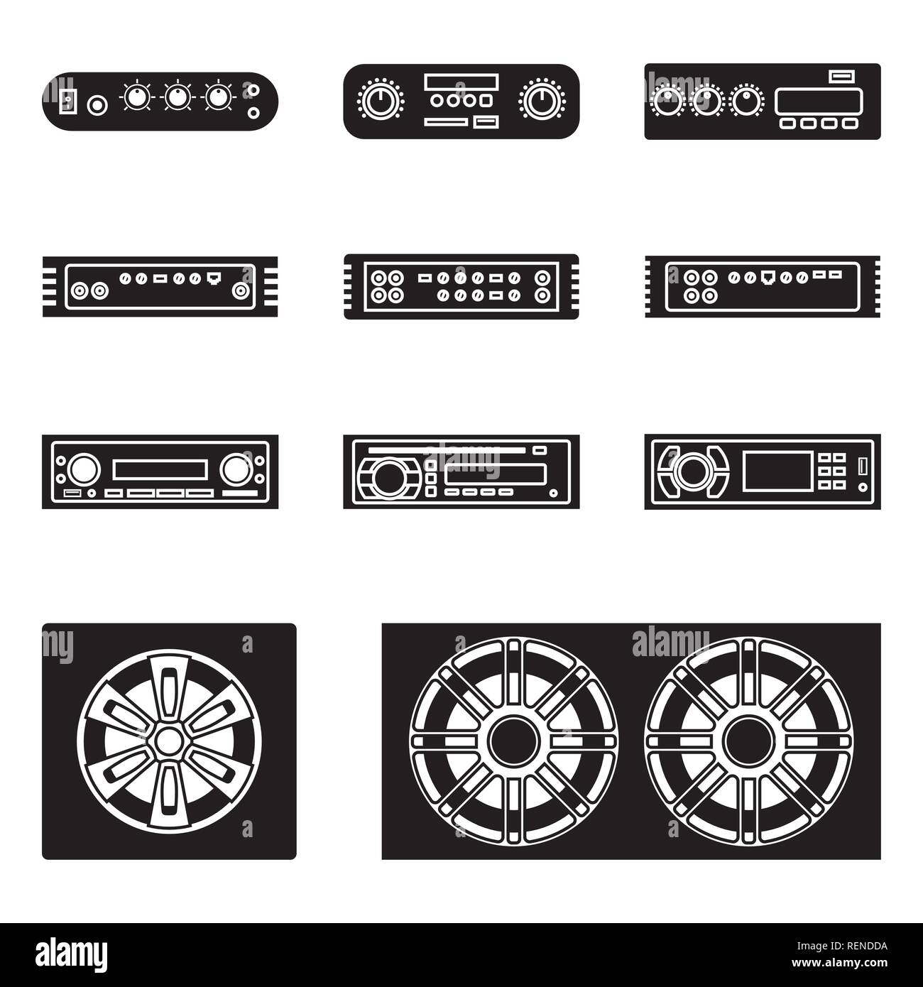 Speaker, music player and mixer icons. Car audio. Silhouette vector