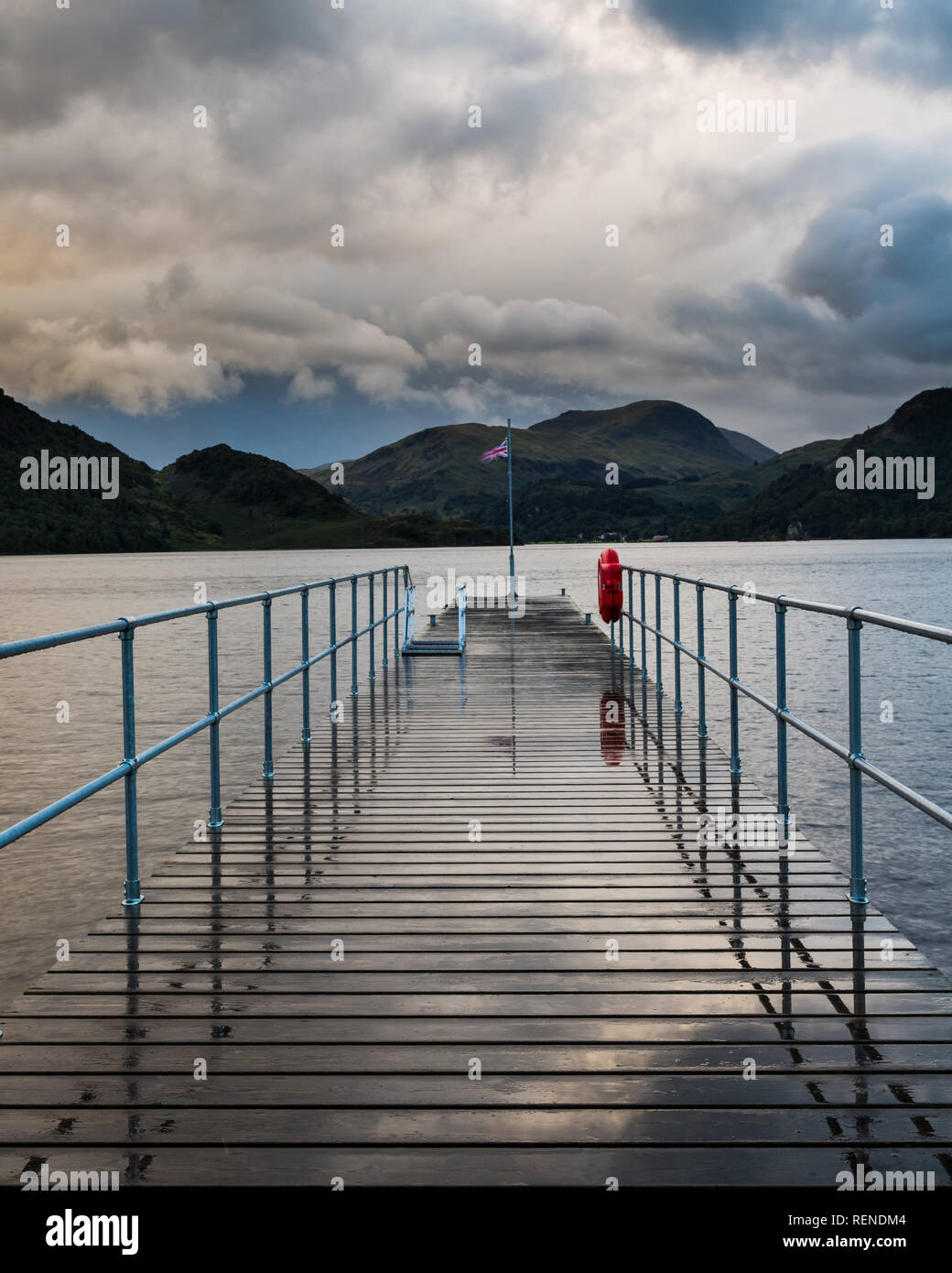 Aira Force jetty on Ullswater in the Lake District under stormy skies. Stock Photo