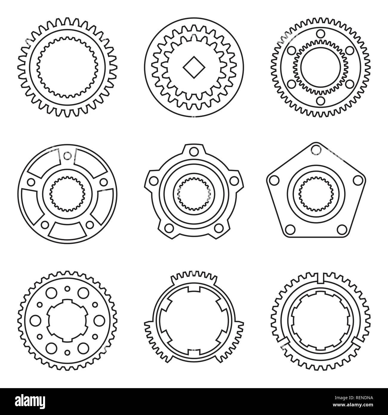 Car parts. Gear and flange. Thin line icons Stock Vector