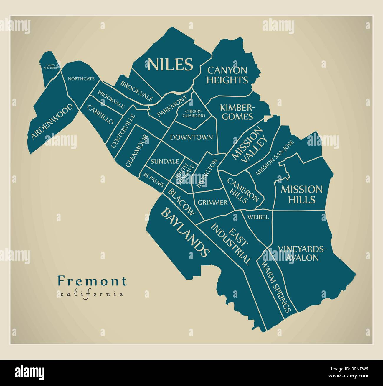 Modern City Map - Fremont California city of the USA with neighborhoods and titles Stock Vector
