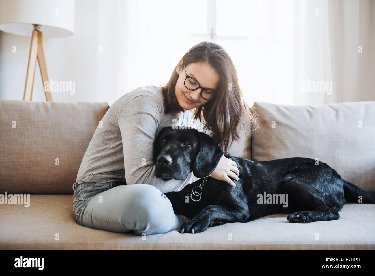 Teenage girl sitting on a sofa indoors, playing with a pet dog. Stock Photo