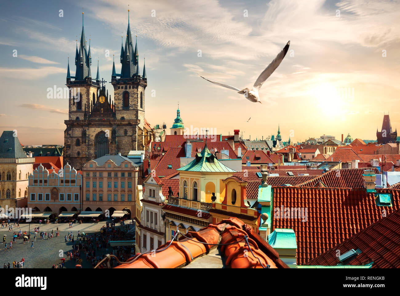 View on Old Town Square from above at summer evening, Prague Stock Photo