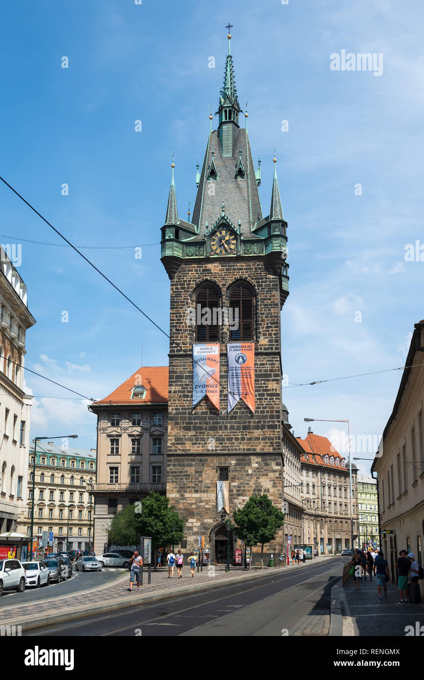 PRAGUE, CZECH REPUBLIC - AUGUST 2 : Czechia people and foreigner travelers walking and visit Henry's Bell Tower or Jindrisska Tower at New Town, Pragu Stock Photo