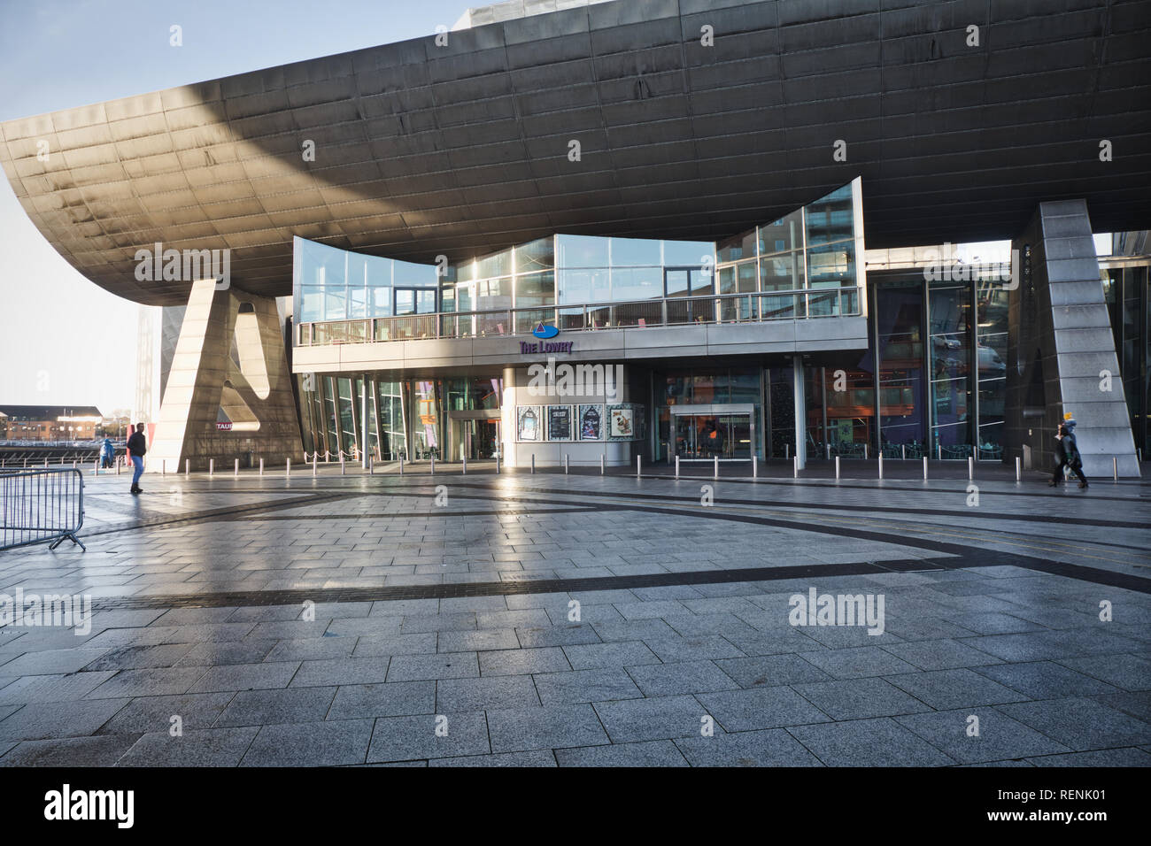 The Lowry theatre, gallery complex and public plaza, Pier Eight, The Quays, Salford, Greater Manchester, United Kingdom Stock Photo