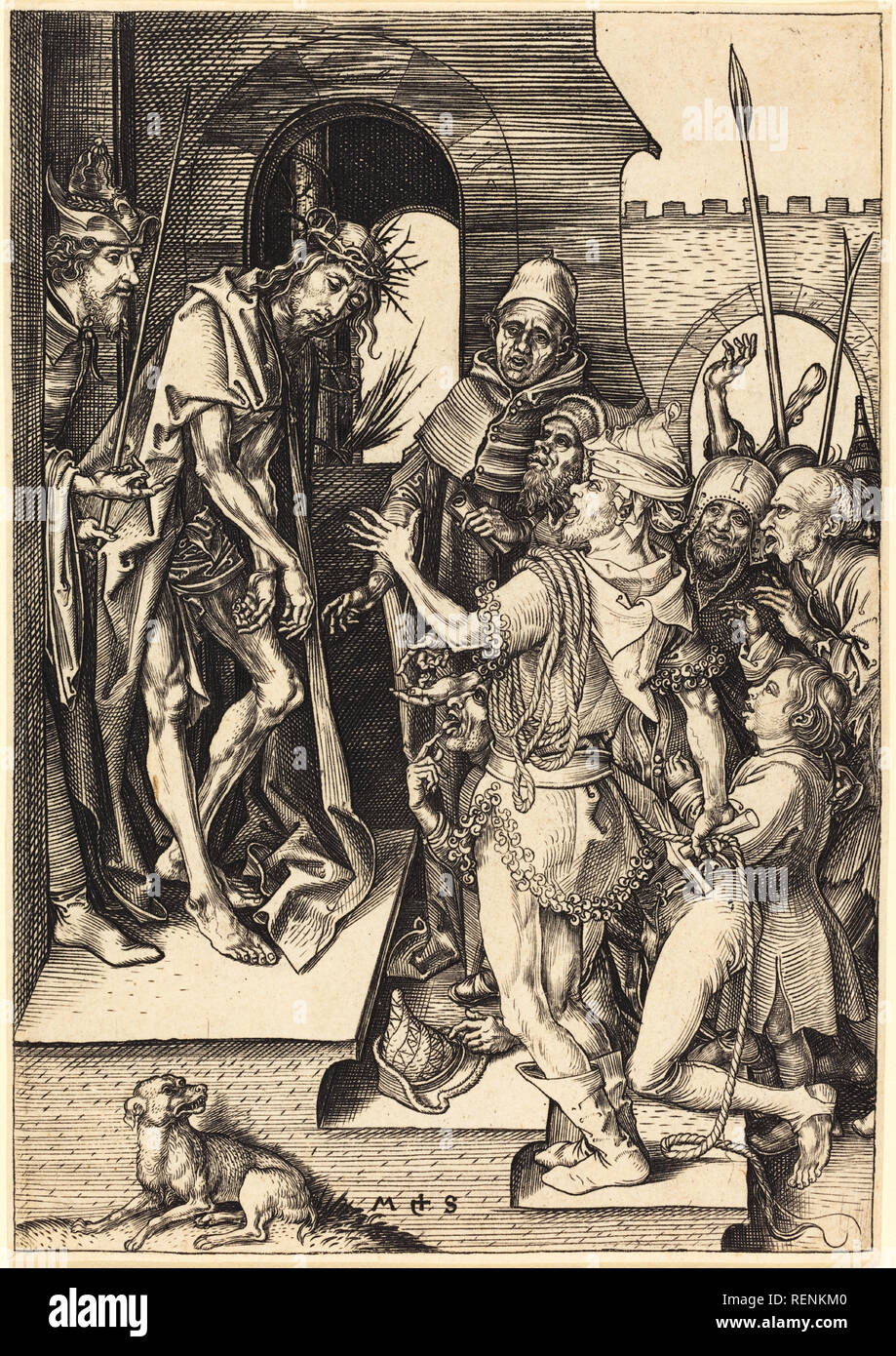 Ecce Homo. Dated: c. 1480. Dimensions: sheet: 16.3 x 11.3 cm (6 7/16 x 4 7/16 in.). Medium: engraving. Museum: National Gallery of Art, Washington DC. Author: Martin Schongauer. Stock Photo