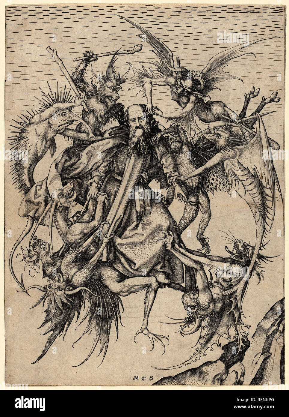 The Tribulations of Saint Anthony. Dated: c. 1470/1475. Dimensions: sheet (trimmed to plate mark): 31.5 x 23.2 cm (12 3/8 x 9 1/8 in.). Medium: engraving on laid paper. Museum: National Gallery of Art, Washington DC. Author: Martin Schongauer. Stock Photo