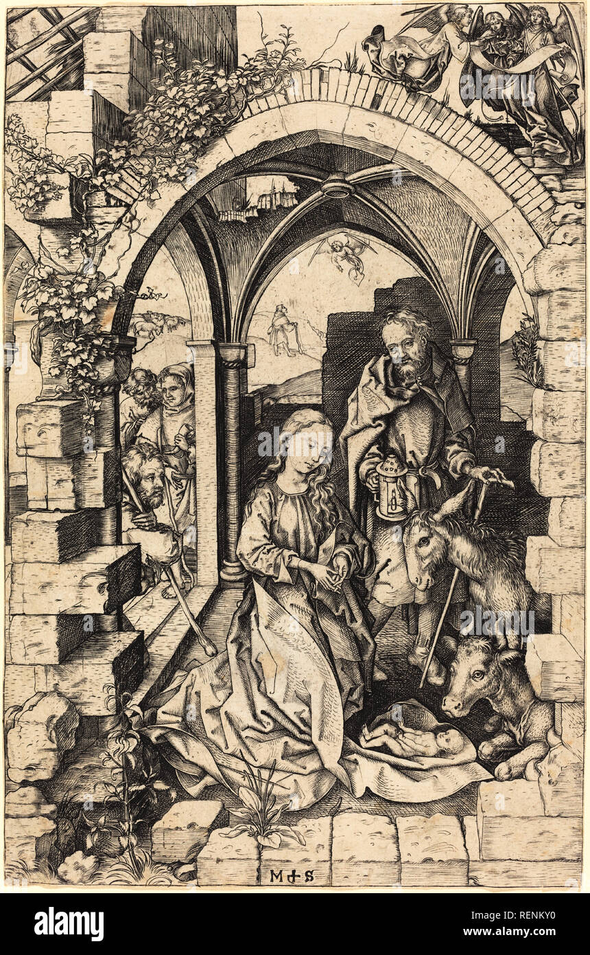 The Nativity. Dated: c. 1470/1475. Dimensions: sheet (trimmed within plate mark): 25.6 x 16.8 cm (10 1/16 x 6 5/8 in.). Medium: engraving. Museum: National Gallery of Art, Washington DC. Author: Martin Schongauer. Stock Photo