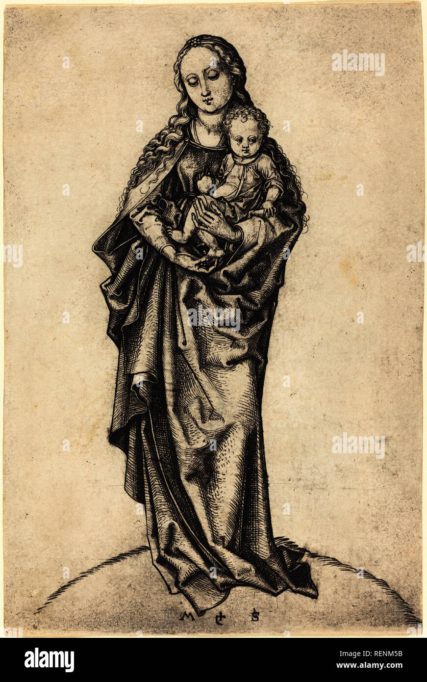 Virgin and Child with the Apple. Dated: c. 1470/1475. Medium: engraving. Museum: National Gallery of Art, Washington DC. Author: Martin Schongauer. Stock Photo