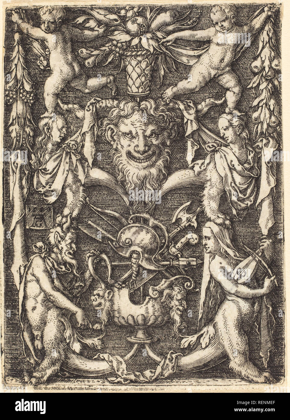 Ornament with Mask. Dated: 1550. Medium: engraving. Museum: National Gallery of Art, Washington DC. Author: Heinrich Aldegrever. Stock Photo