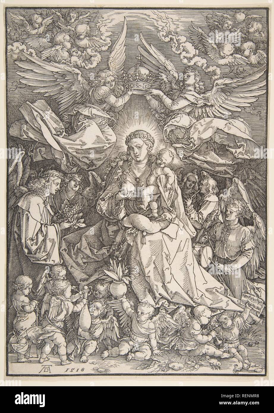 The Virgin Surrounded by Many Angels. Artist: Albrecht Dürer (German, Nuremberg 1471-1528 Nuremberg). Dimensions: sheet: 11 15/16 x 8 5/8 in. (30.3 x 21.9 cm)  block: 11 11/16 x 8 5/16 in. (29.7 x 21.1 cm). Date: 1518. Museum: Metropolitan Museum of Art, New York, USA. Stock Photo