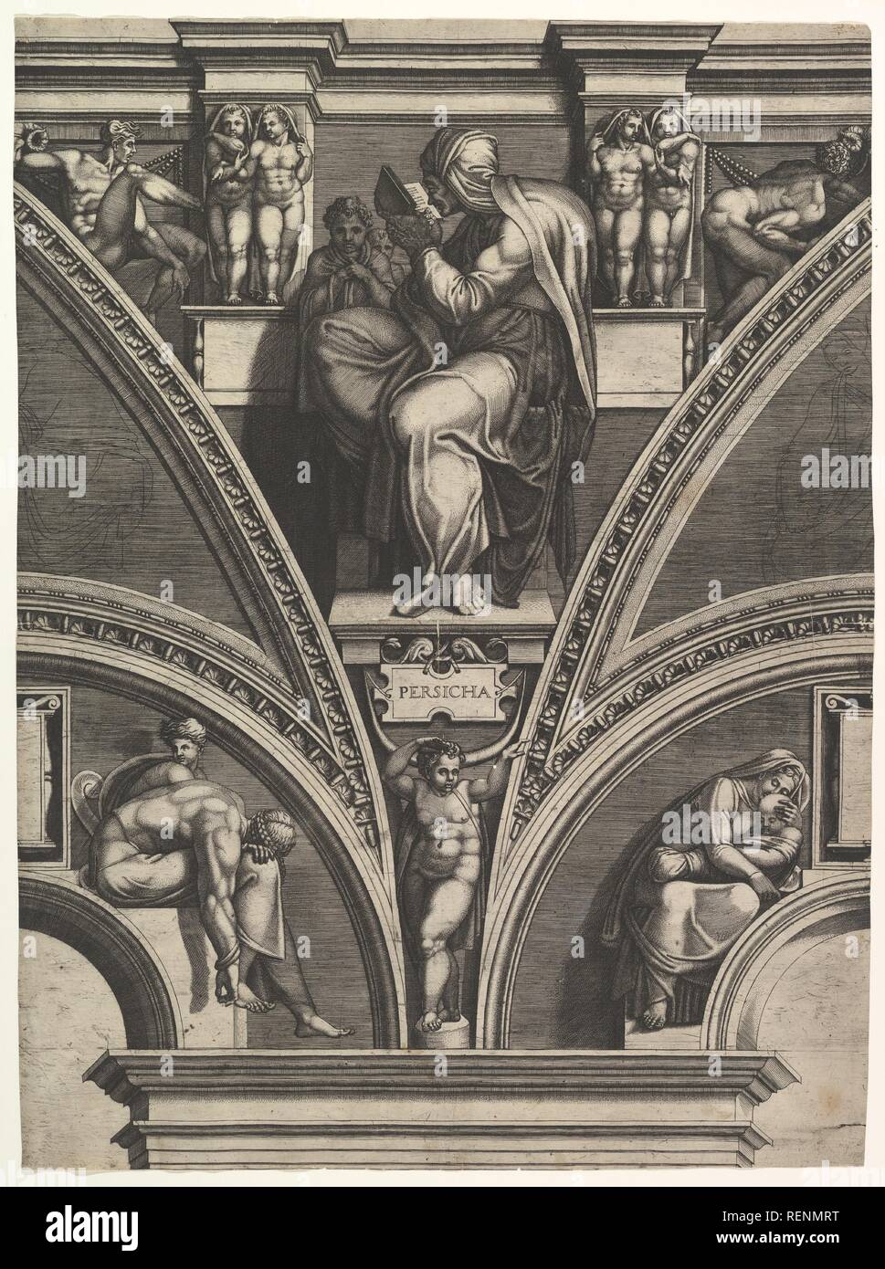 The Persian Sibyl; from the series of Prophets and Sibyls in the Sistine Chapel. Artist: After Michelangelo Buonarroti (Italian, Caprese 1475-1564 Rome); Giorgio Ghisi (Italian, Mantua ca. 1520-1582 Mantua). Dimensions: Sheet (Trimmed): 21 15/16 × 16 1/4 in. (55.8 × 41.3 cm). Date: 1570-75. Museum: Metropolitan Museum of Art, New York, USA. Stock Photo
