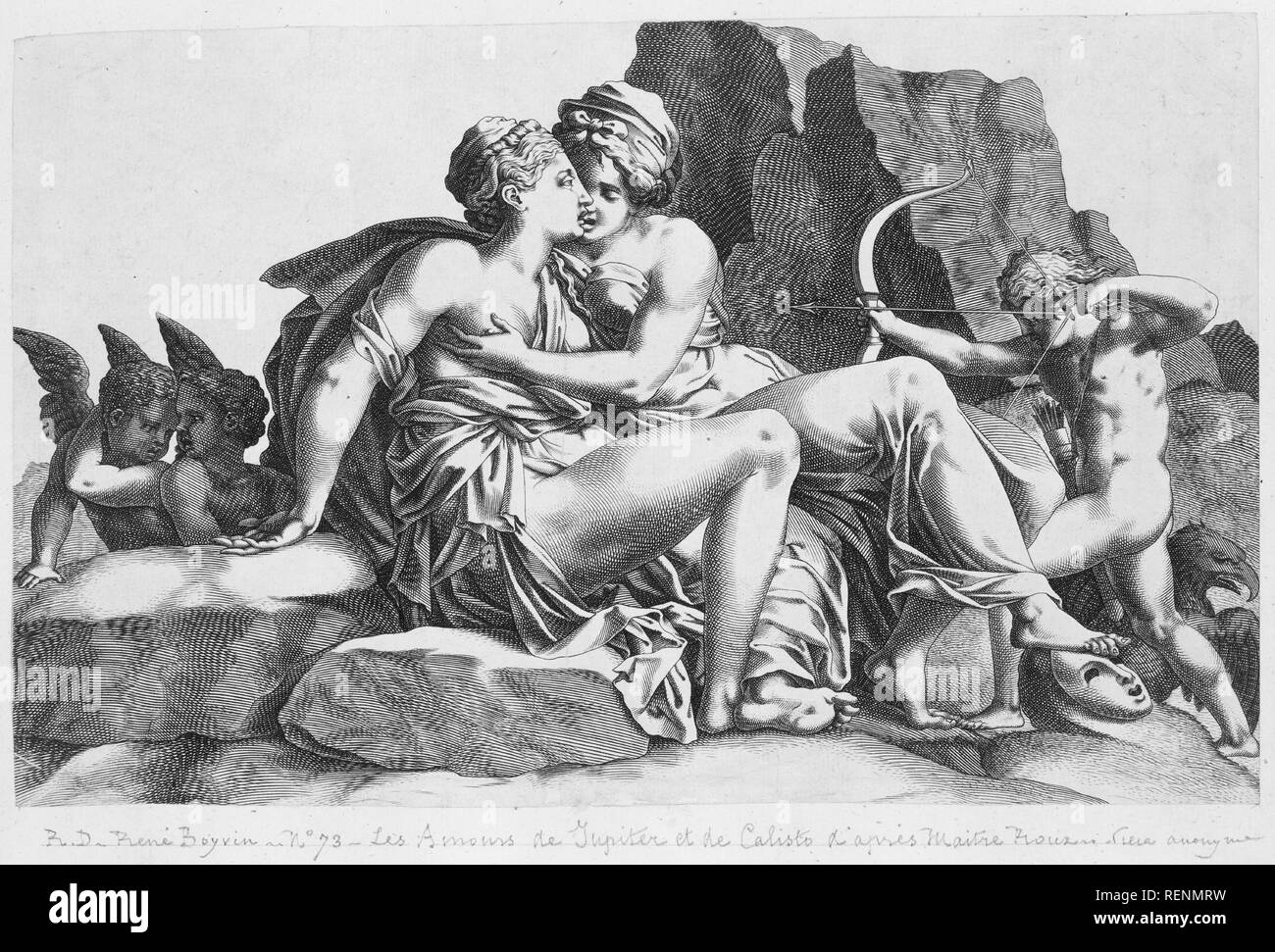 Jupiter and Callisto. Artist: After Francesco Primaticcio (Italian, Bologna 1504/5-1570 Paris); Pierre Milan (French, active 1537-40). Dimensions: sheet: 7 1/16 x 11 3/16 in. (18 x 28.4 cm). Date: 1537-40. Museum: Metropolitan Museum of Art, New York, USA. Author: Pierre Milan. after Francesco Primaticcio. Domenico Vito. Stock Photo