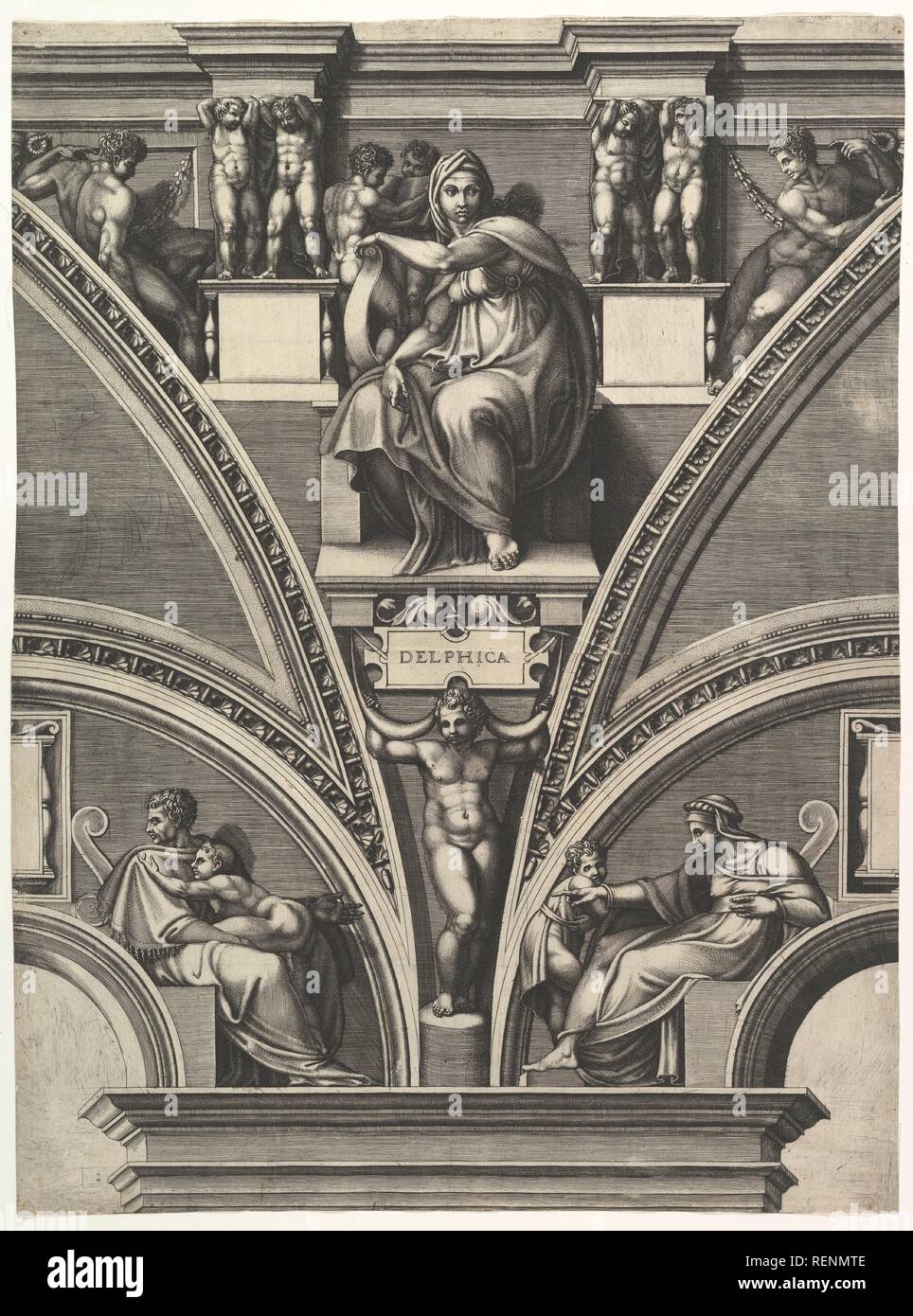 The Delphic Sibyl; from the series of Prophets and Sibyls in the Sistine Chapel. Artist: After Michelangelo Buonarroti (Italian, Caprese 1475-1564 Rome); Giorgio Ghisi (Italian, Mantua ca. 1520-1582 Mantua). Dimensions: Sheet (Trimmed): 22 1/4 × 16 9/16 in. (56.5 × 42 cm). Date: 1570-75. Museum: Metropolitan Museum of Art, New York, USA. Stock Photo