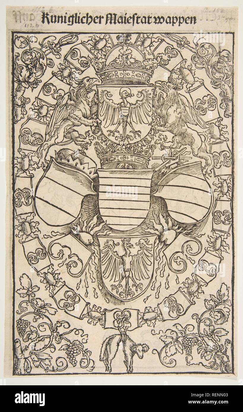 Coat of Arms of Maximilian I as King of the Romans from Reuelationes sancte Birgitte. Artist: Dürer-School (German, first half 16th century). Dimensions: sheet: 9 15/16 x 6 1/4 in. (25.2 x 15.8 cm)  image: 9 3/16 x 5 7/8 in. (23.3 x 15 cm). Date: 1500.  Though often included among autograph works by Dürer, this woodcut is generally considered to be by someone in his workshop.  Most recently Schoch, Mende and Scherbaum have suggested an attribution to the Meister der Celtis-Illustrationen . The coat of arms of Florian Waldauf von Waldenstein on the verso is by another hand. Museum: Metropolitan Stock Photo