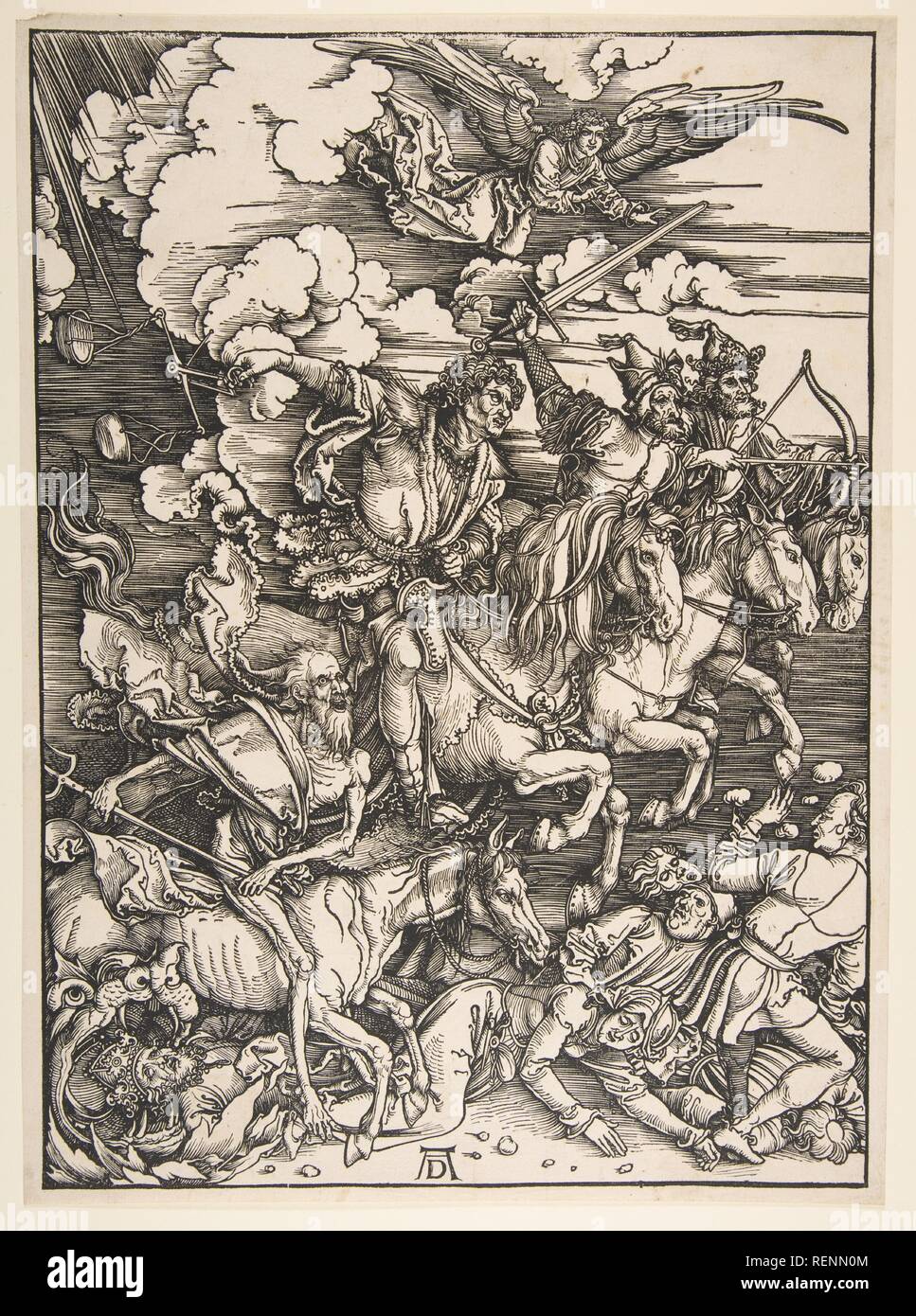 Four Horsemen of the Apocalypse. Artist: Albrecht Dürer (German, Nuremberg 1471-1528 Nuremberg). Date: ca. 1497/1498.  The third woodcut from Dürer's Apocalypse, the Four Horsemen presents a dramatically distilled version of the passage from the book of Revelation (6:1-8). Transforming what was a relatively staid and unthreatening image in earlier illustrated Bibles, Dürer injects motion and danger into this climactic moment through his subtle manipulation of the wood block. The parallel lines across the image establish a basic middle tone, against which the artist silhouettes and overlaps the Stock Photo