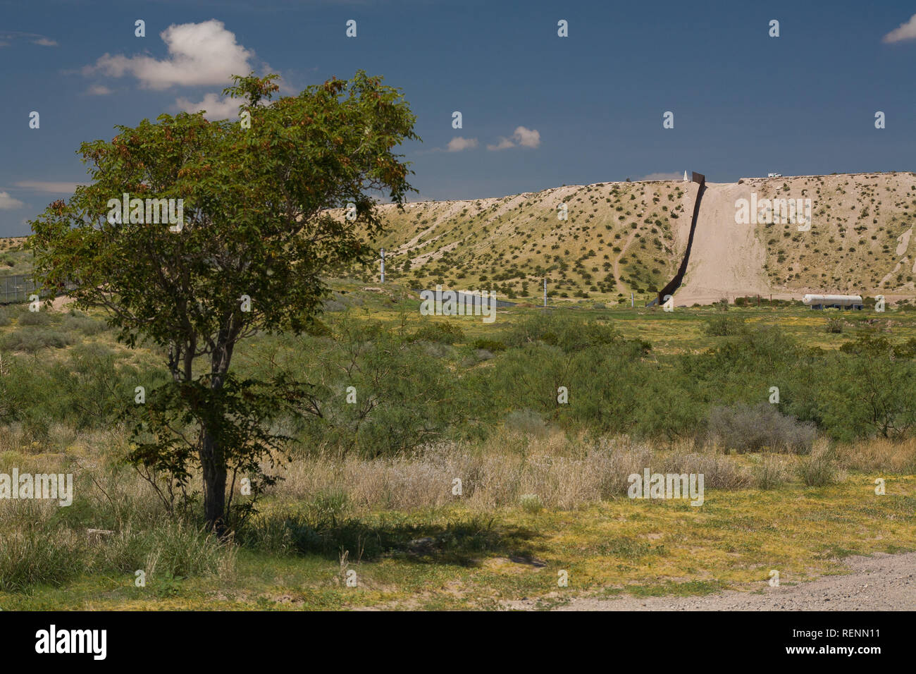 The USMexico Border Fence along a Steep Hill in Sunland Park, New Mexico near El Paso, Texas