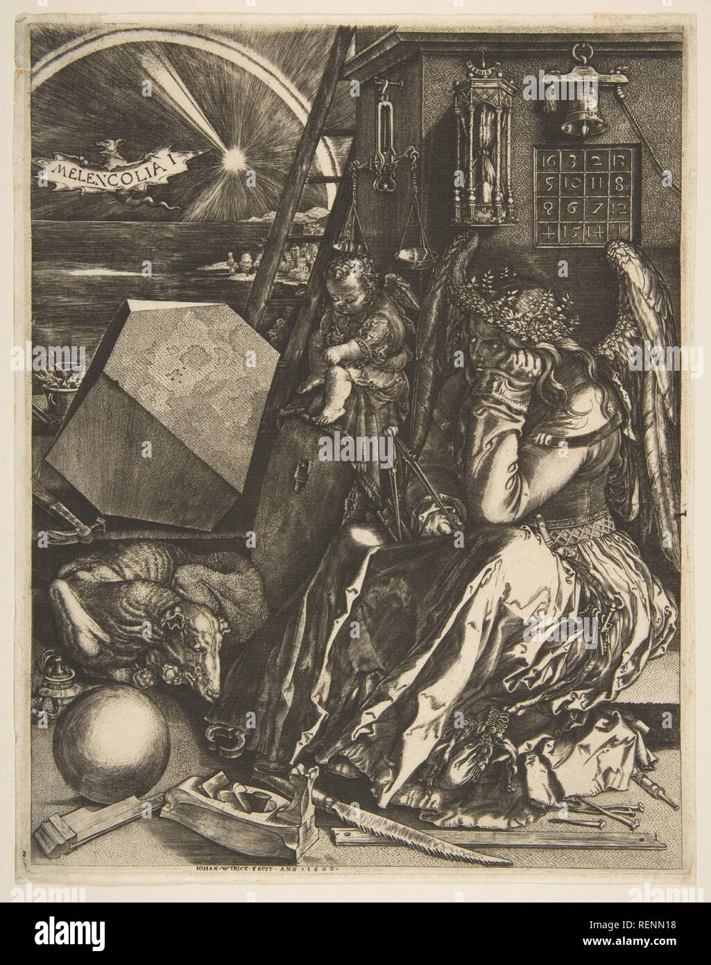 Melencolia I (copy). Artist: After Albrecht Dürer (German, Nuremberg 1471-1528 Nuremberg); Jan (Johannes) Wierix (Netherlandish, Antwerp 1549-1615 Brussels). Dimensions: Sheet: 9 1/2 × 7 9/16 in. (24.2 × 19.2 cm). Date: 1602. Museum: Metropolitan Museum of Art, New York, USA. Stock Photo