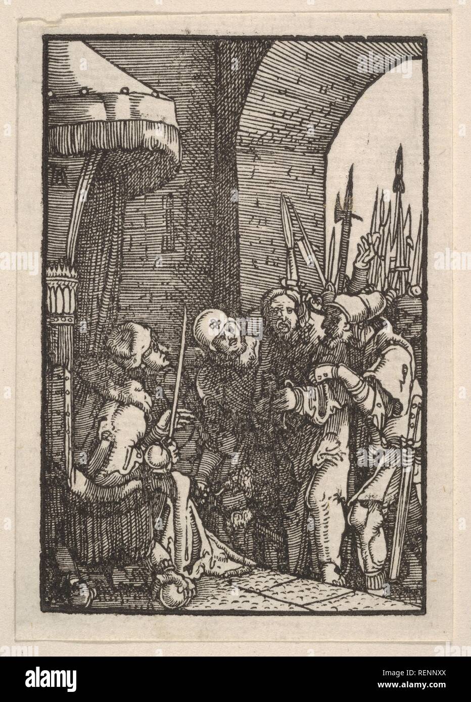 Christ Before Pilate, from The Fall and Salvation of Mankind Through the Life and Passion of Christ. Artist: Albrecht Altdorfer (German, Regensburg ca. 1480-1538 Regensburg). Dimensions: Sheet: 3 1/8 × 2 3/16 in. (7.9 × 5.5 cm). Date: ca. 1513. Museum: Metropolitan Museum of Art, New York, USA. Stock Photo