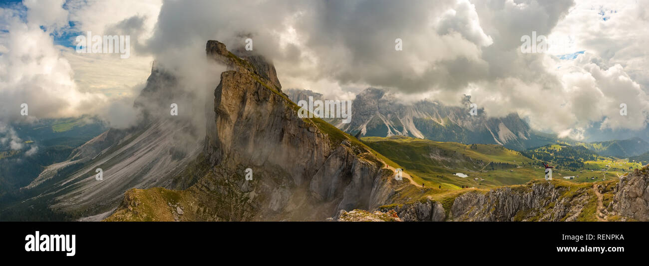 Amazing view Dolomites mountains from Seceda over Odle Puez Italy Stock Photo
