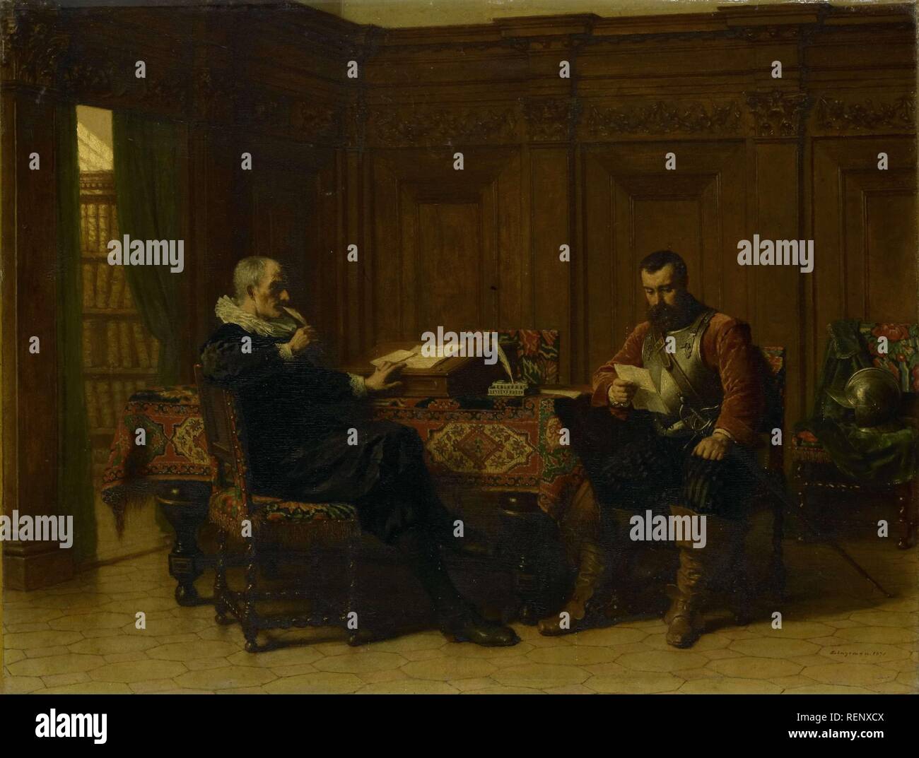 Two Men in a Seventeenth-century Interior, Called 'A Conference'. Dating: 1870. Measurements: h 38.3 cm × w 50 cm × t 1.0 cm; d 9 cm. Museum: Rijksmuseum, Amsterdam. Author: Lambertus Lingeman. Stock Photo