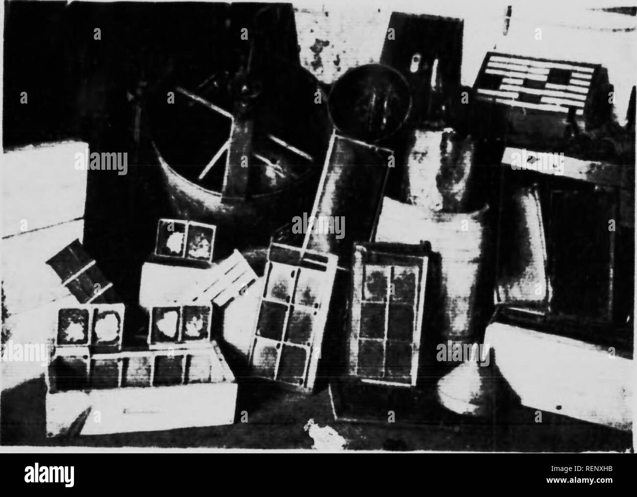 . How to keep bees [microform] : a handbook for the use of beginners. Bee culture; Bees; Apiculture; Apoïdés. Takini; off upprr ^inrv of hive cont.iinitiK &lt;n K 'omt s 'ii&lt; e ran n • The hfti have oni t!lC SU .IS l,v tiu- Ici-l'w.lp SCI- ' Mil li;;l,t m. Extrscting-room showing extractor, strainer, uncapping can, bee-escape smoker, uncappinR knife, glcves, funnel, supers and sections, extractor pocket cnntaiinnp exir.icied sections, |&gt;artlv tilled sections as yet uiicipped, extracting frame with comb, etc. V f'ij PL.ATF. XVIII. Please note that these images are extracted from scanned  Stock Photo