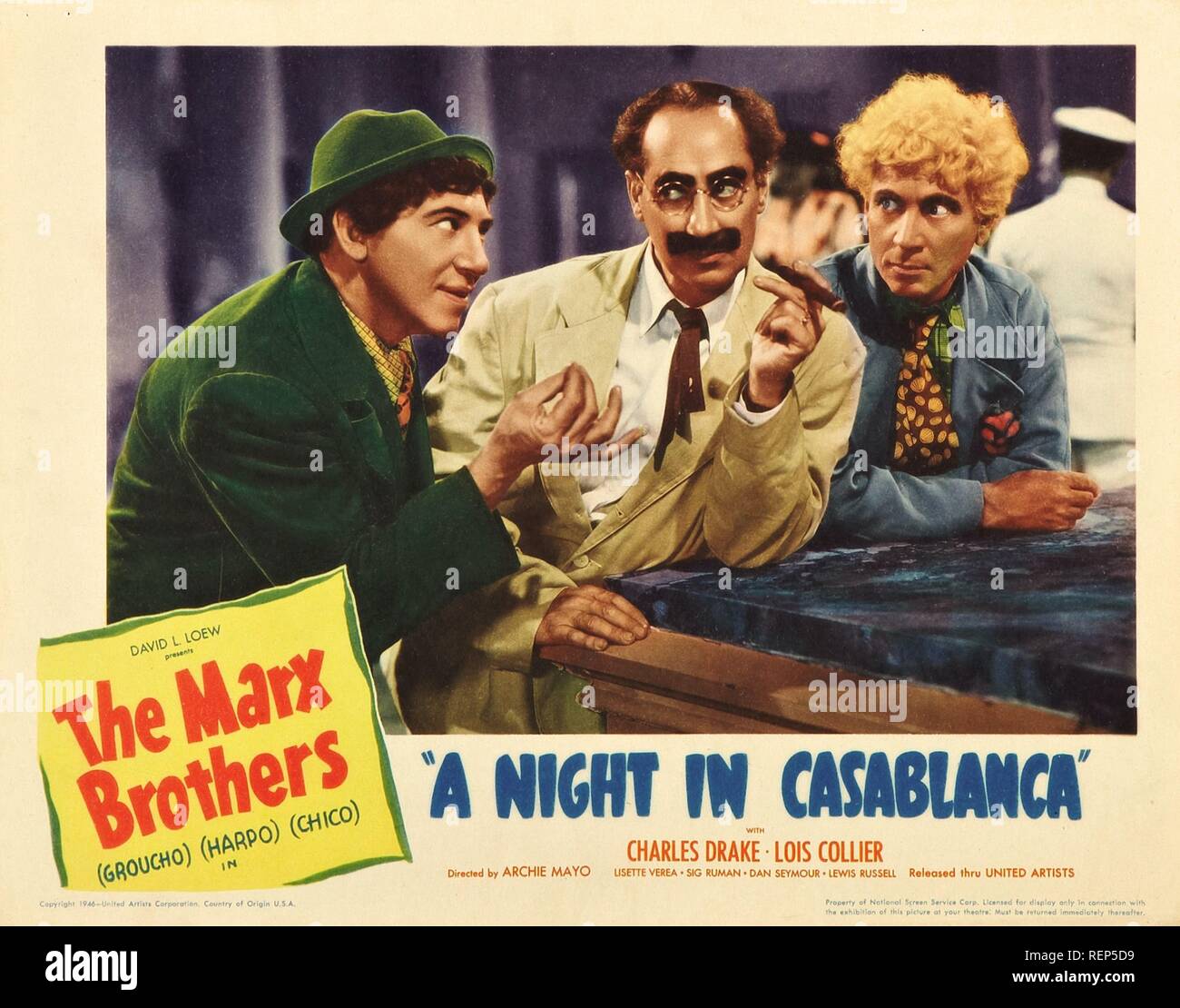 A Night in Casablanca  Year : 1946 USA Director : Archie Mayo Groucho Marx, Harpo Marx, Chico Marx Lobbycard Stock Photo