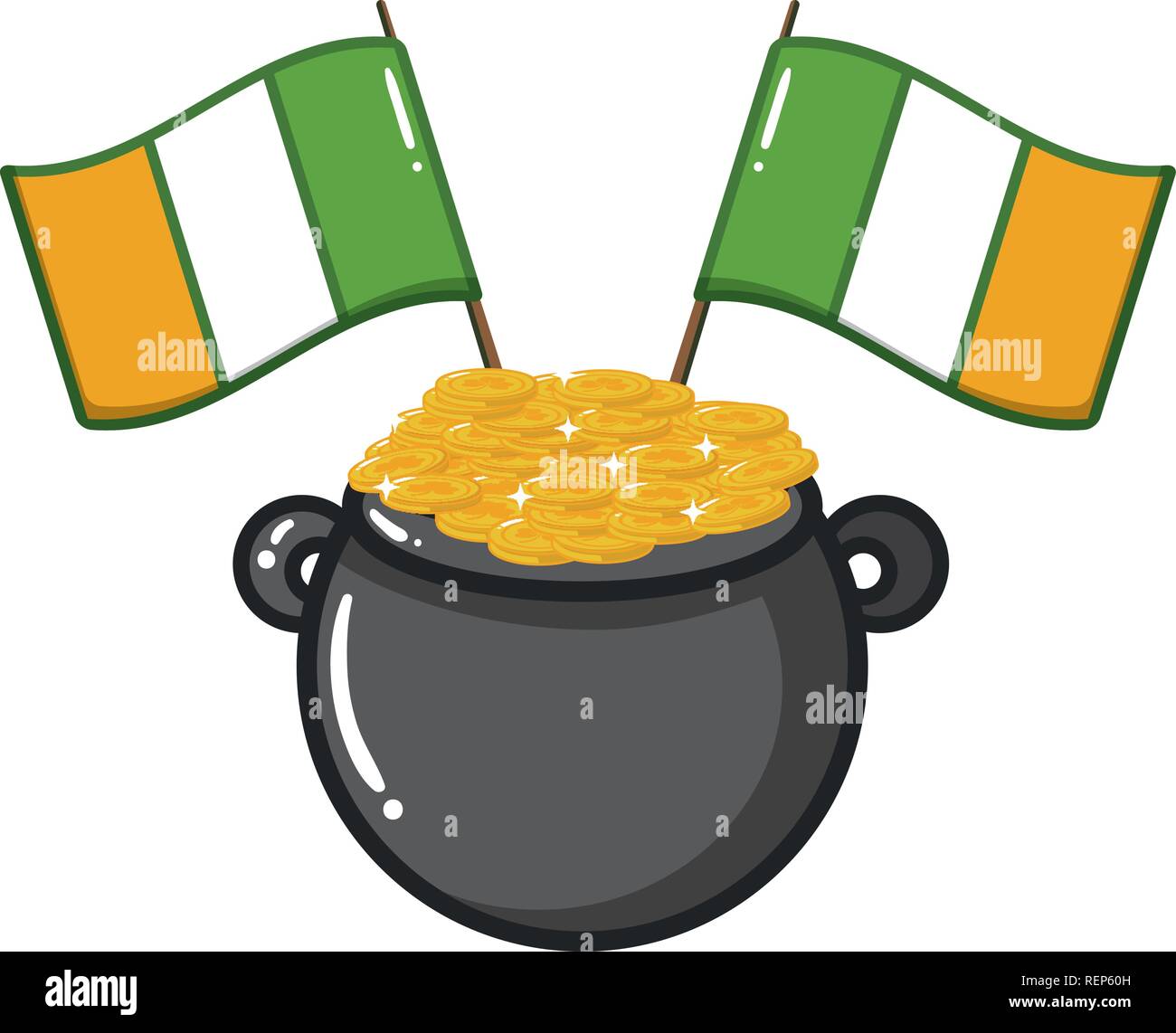 Cauldron Coins Ireland Flags Happy St Patricks Day Vector Illustration