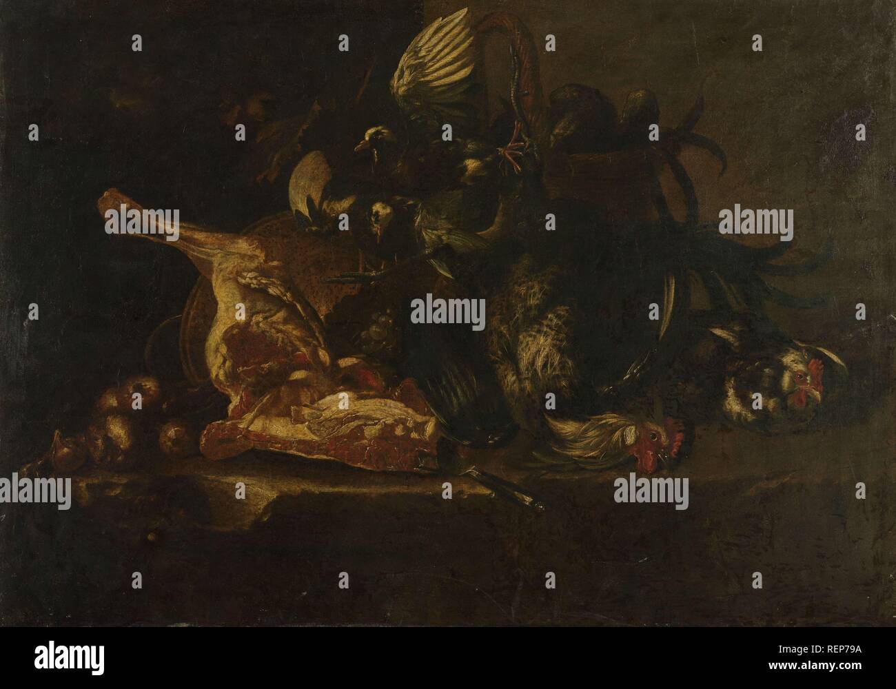 Still life with meat and dead birds. Dating: 1660 - 1671. Measurements: h 87 cm × w 123 cm. Museum: Rijksmuseum, Amsterdam. Author: Christoffel Puytlinck. Stock Photo