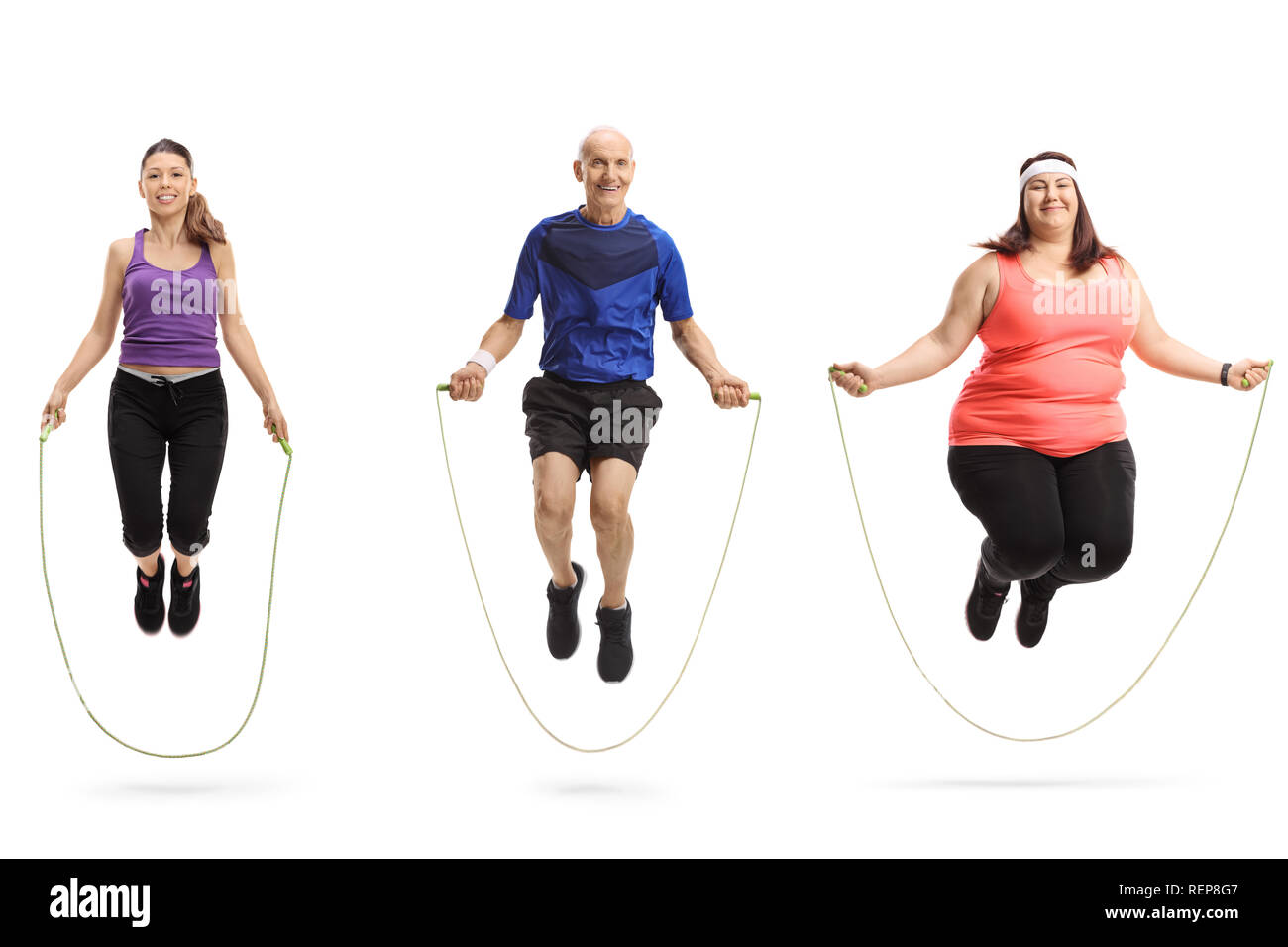 Full length portrait of a group of different people jumping with a skipping rope isolated on white background Stock Photo