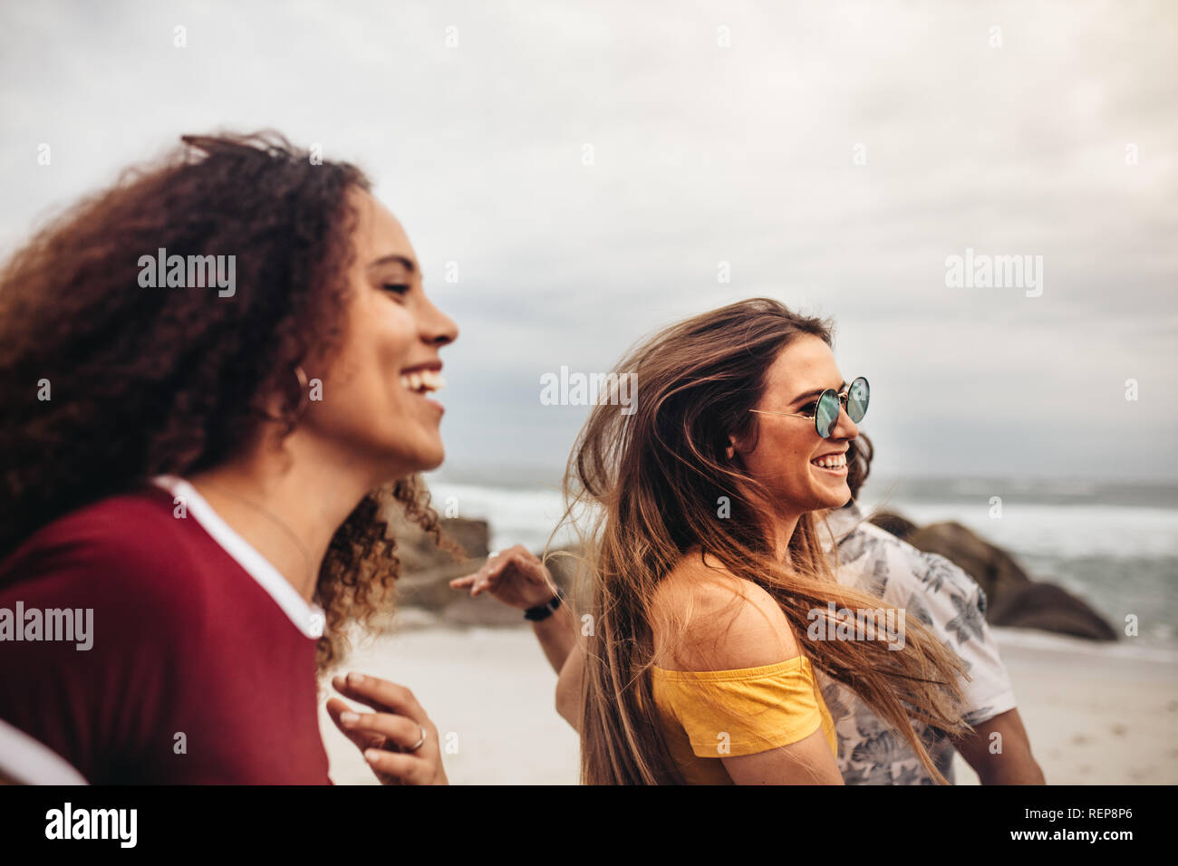 Beautiful woman with friends having fun on the beach. Group of friends enjoying themselves outdoors at the beach. Stock Photo