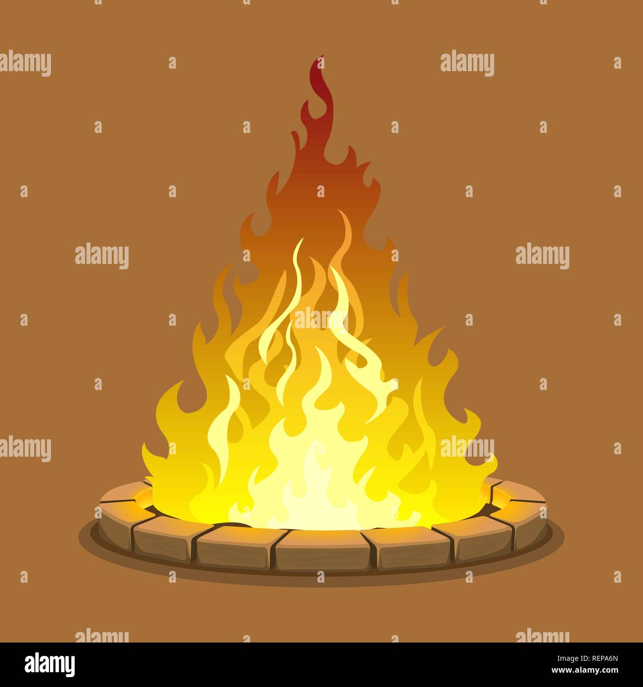 Large fire surrounded by stones Stock Vector