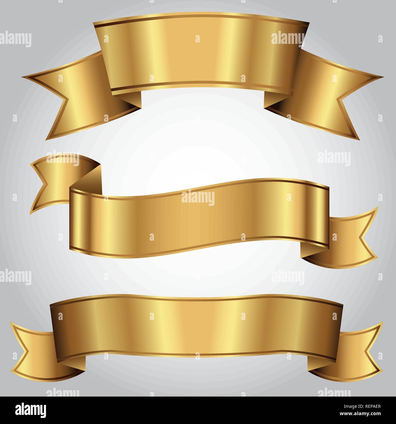Set of three gold banners, stylish, luxurious and shiny ribbons. Can be