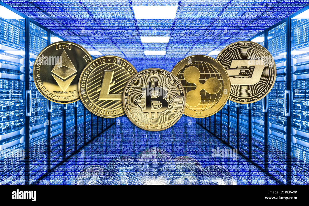 golden crypto currency coin in modern data center 3d image Stock Photo
