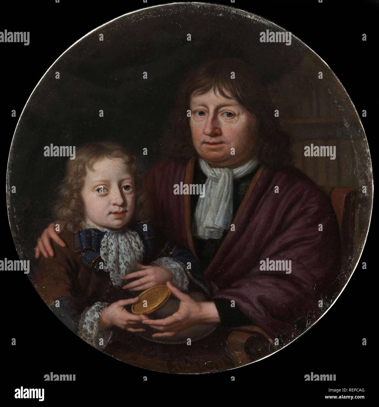 Isaac Pontanus Giving a Gold Medal to his Grandson Hendrik van Beek. Painting. Isaac Pontanus (1625-1710) schenkt zijn kleinzoon Hendrik van Beek een gouden penning. Dating: 1689. Place: Amsterdam. Measurements: d 9 cm. Museum: Rijksmuseum, Amsterdam. Author: Michiel van Musscher (signed by artist). Stock Photo