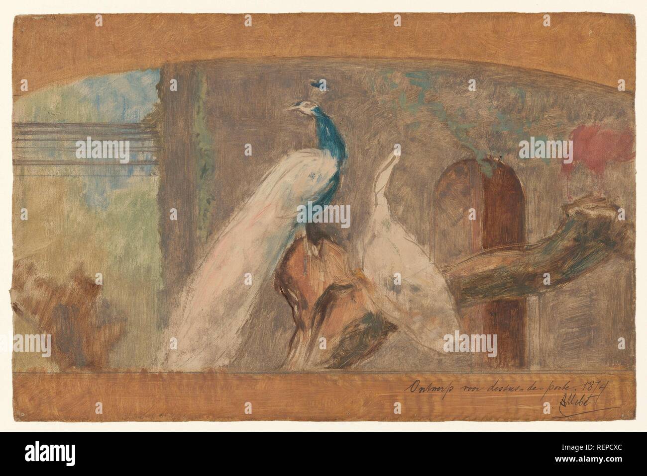 Design for a dessus de porte: branch with peacock and other birds. Draughtsman: August Allebé. Dating: 1874. Measurements: h 248 mm × w 378 mm. Museum: Rijksmuseum, Amsterdam. Stock Photo