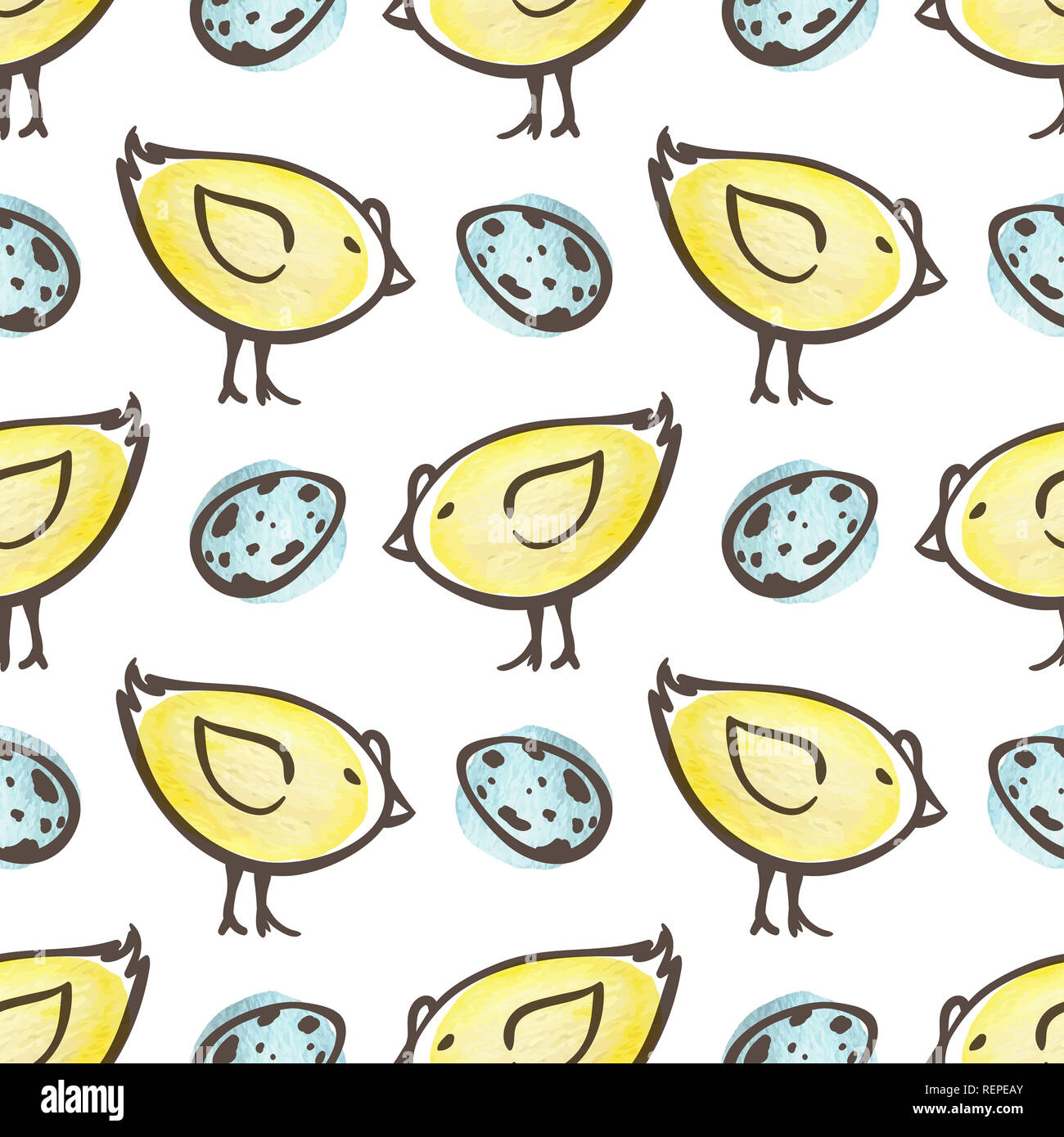 Hand drawn doodle Easter seamless pattern with eggs and yellow chicken ...