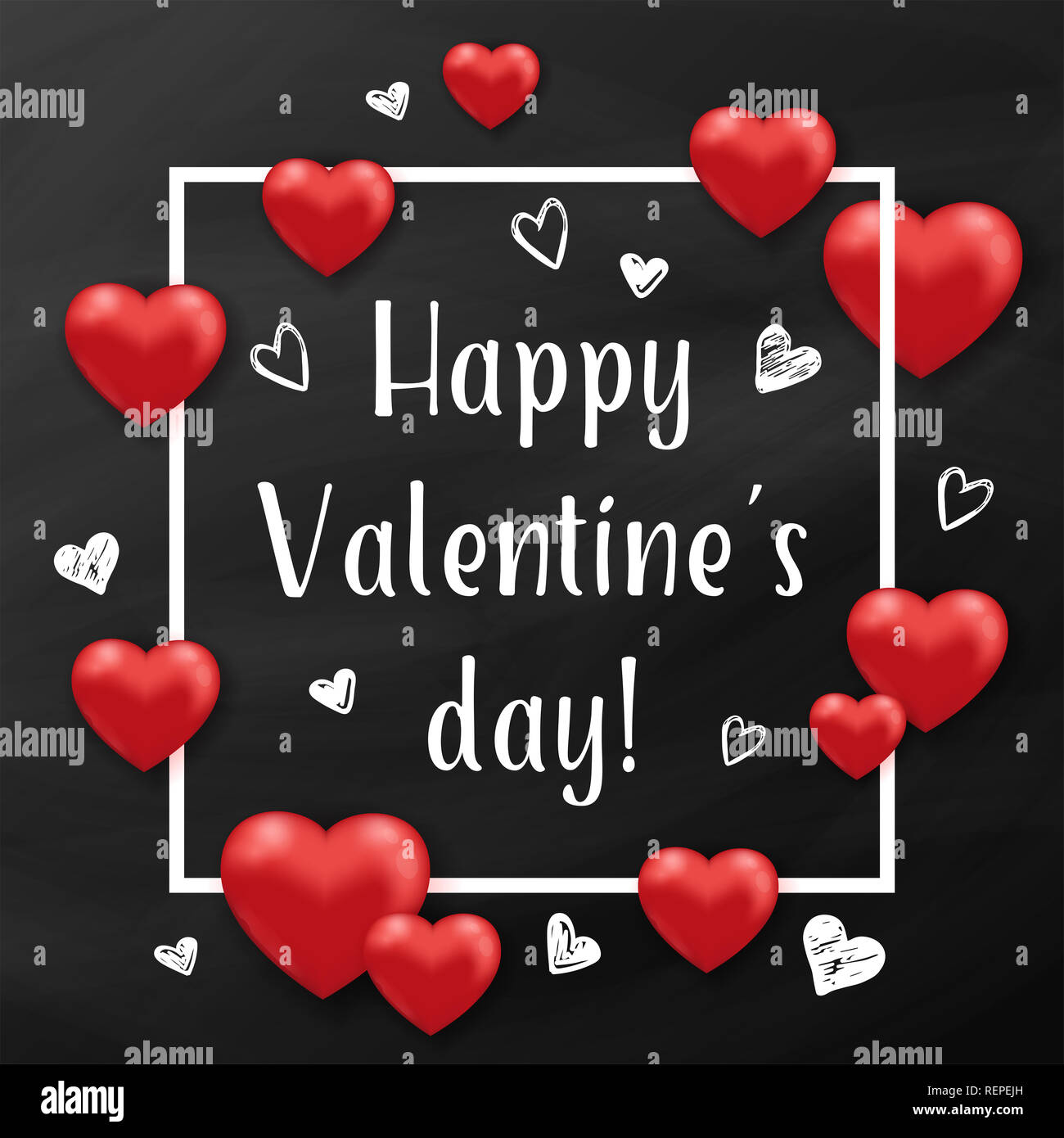 Holiday background with red hearts and white frame on a black chalkboard. Greeting card for Saint Valentine's day. Stock Photo