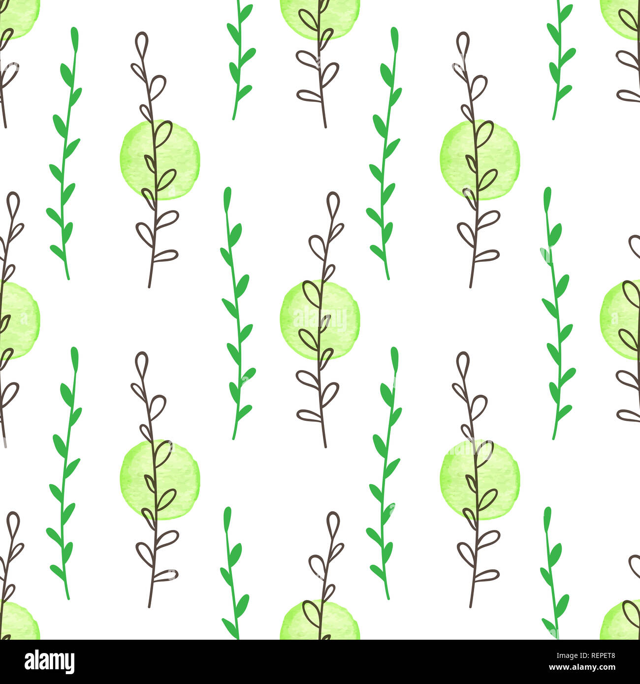 Hand drawn doodle green spring floral seamless pattern with leaves and ...