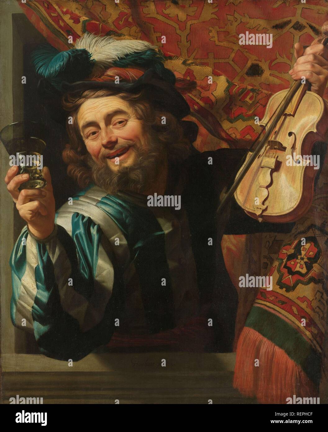 The Merry Fiddler. Merry Violinist with Wineglass. Dating: 1623. Measurements: support: h 107.2 cm × w 88.3 cm. Museum: Rijksmuseum, Amsterdam. Author: GERARD VAN HONTHORST. Stock Photo