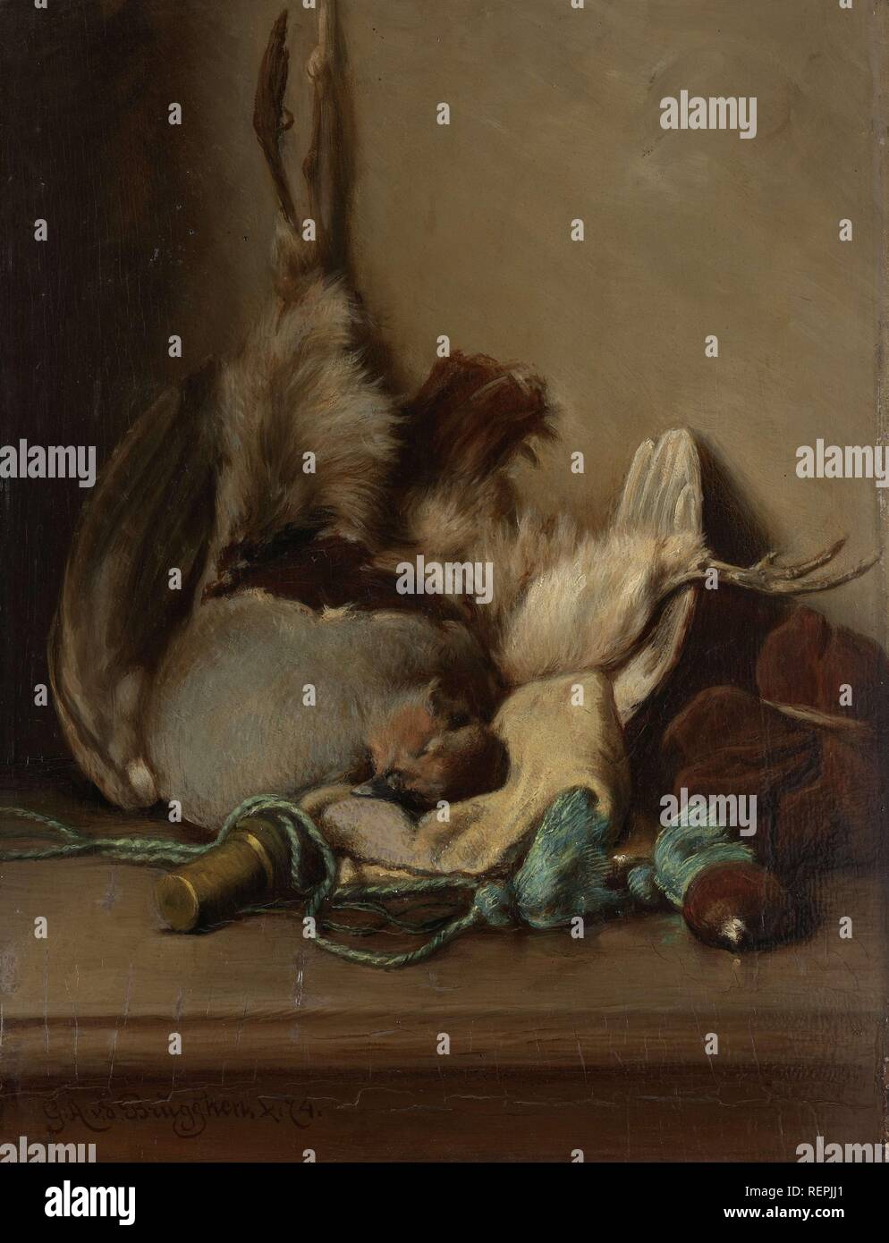 Still life with Wood Pigeon and Powder Horn. Dating: 1874. Measurements: h 35 cm × w 27 cm; d 8 cm. Museum: Rijksmuseum, Amsterdam. Author: Guillaume Anne van der Brugghen. Stock Photo