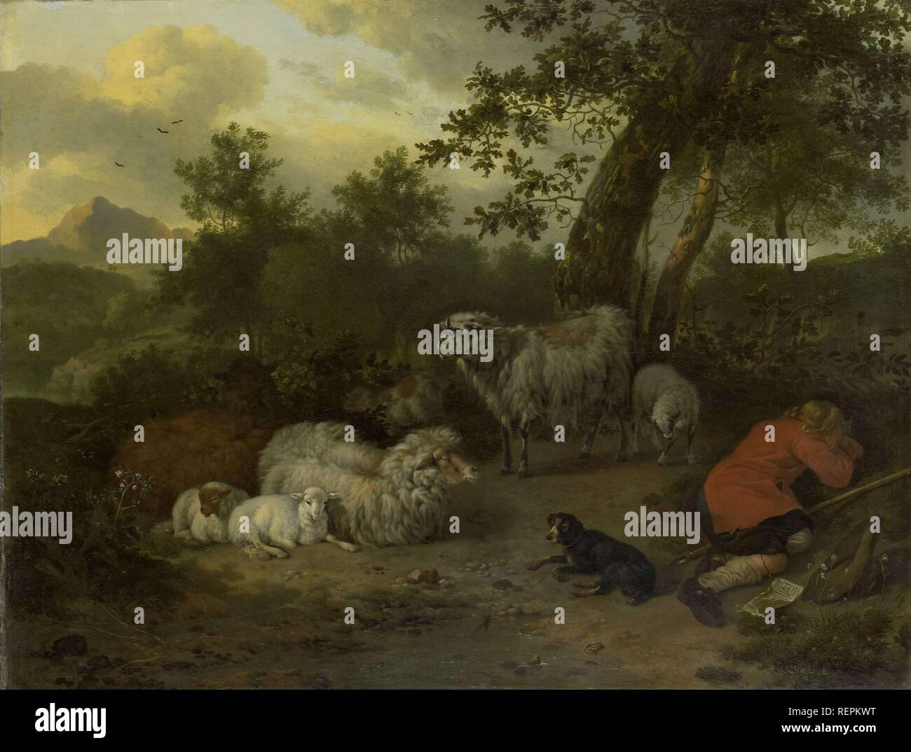 The Sleeping Shepherd. Dating: 1678. Measurements: h 65 cm × w 83 cm; d 8.5 cm. Museum: Rijksmuseum, Amsterdam. Author: Jan van der Meer (II). Jan Vermeer van Utrecht (rejected attribution). Stock Photo