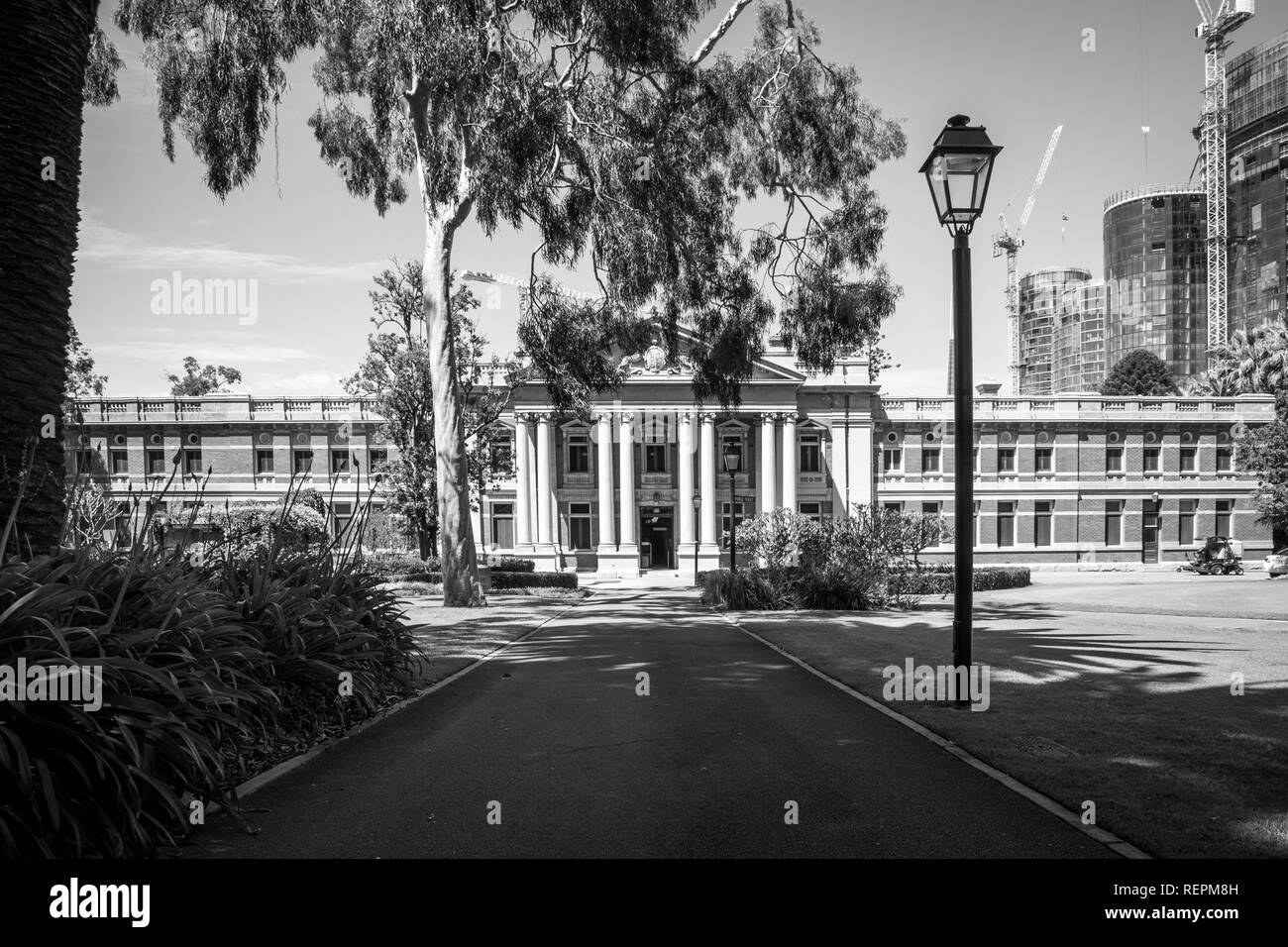 The Supreme Court of Western Australia seen from Stirling Garden in Perth in black and white
