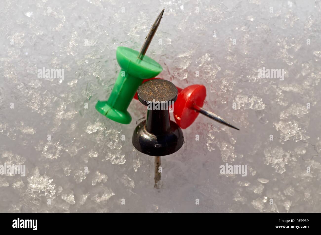 Thumbtack in the colors red, black and green isolated on a snow