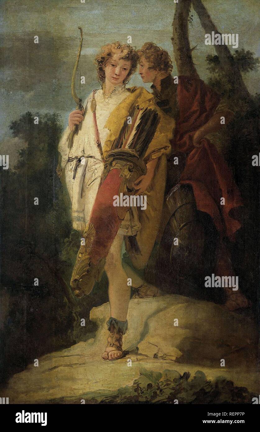 Young Man with Bow and large Quiver and his Companion with a Shield, formerly entitled Telemachus and Mentor. Dating: 1730 - 1750. Measurements: h 114 cm × w 74.8 cm × t 3.5 cm; d 6.0 cm. Museum: Rijksmuseum, Amsterdam. Author: Giovanni Battista Tiepolo. Stock Photo