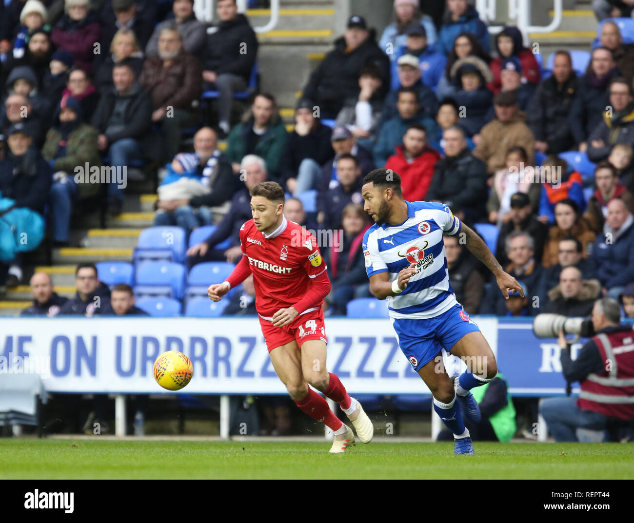 12th January 2019, Madejski Stadium, London, England; Sky Bet Championship, Reading vs Nottingham Forest ; Matty Cash (14) of Nottingham Forest goes past Liam Moore (06) of Reading.  Credit: Matt O'Connor/News Images,  English Football League images are subject to DataCo Licence Stock Photo
