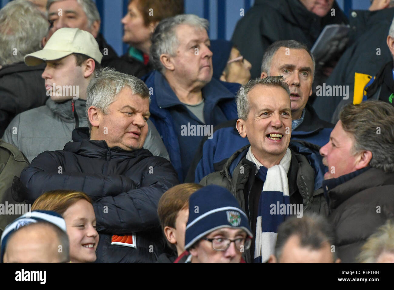 12th January, The Hawthorns, West Bromwich, England; Sky Bet Championship, West Bromwich Albion vs Norwich City ; Adrian Childs and Frank Skinner before the game sharing a few jokes   Credit: Gareth Dalley/News Images  English Football League images are subject to DataCo Licence Stock Photo