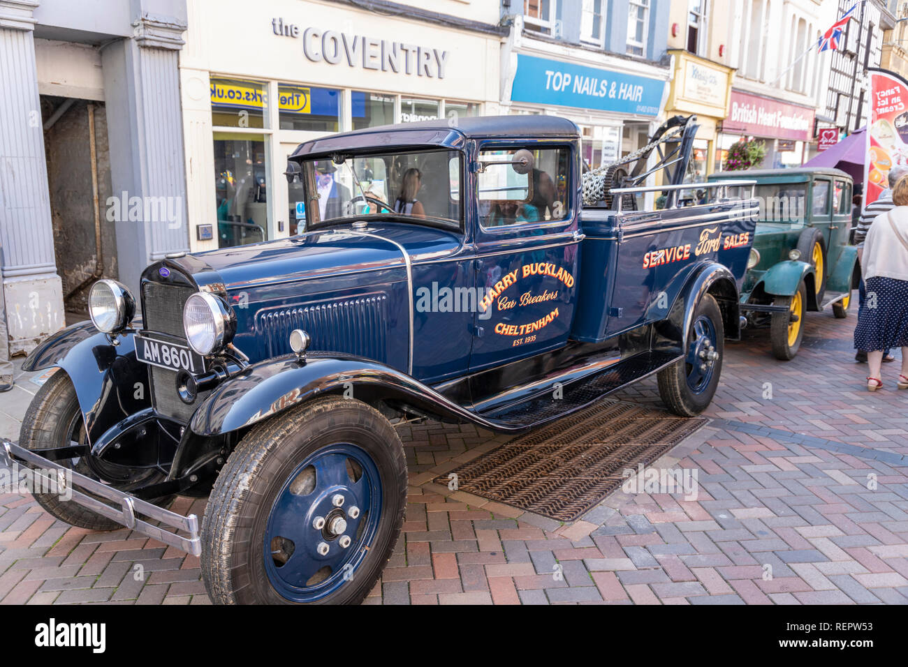 Harry Bucklands old Ford breakdown & tow truck on display in Westgate Street during the Gloucester Goes Retro Festival in August 2018, Gloucester UK Stock Photo