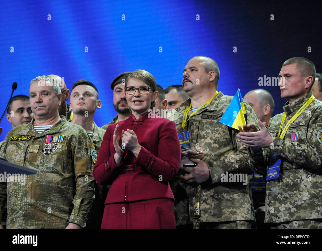 Yulia Tymoshenko, a leader of the Ukrainian Batkivshchyna (Fatherland)  political party, centre seen with Ukrainian army veterans during the party“s  congress in Kiev. The congress of the Batkivshchyna (Fatherland) party  nominated Yulia