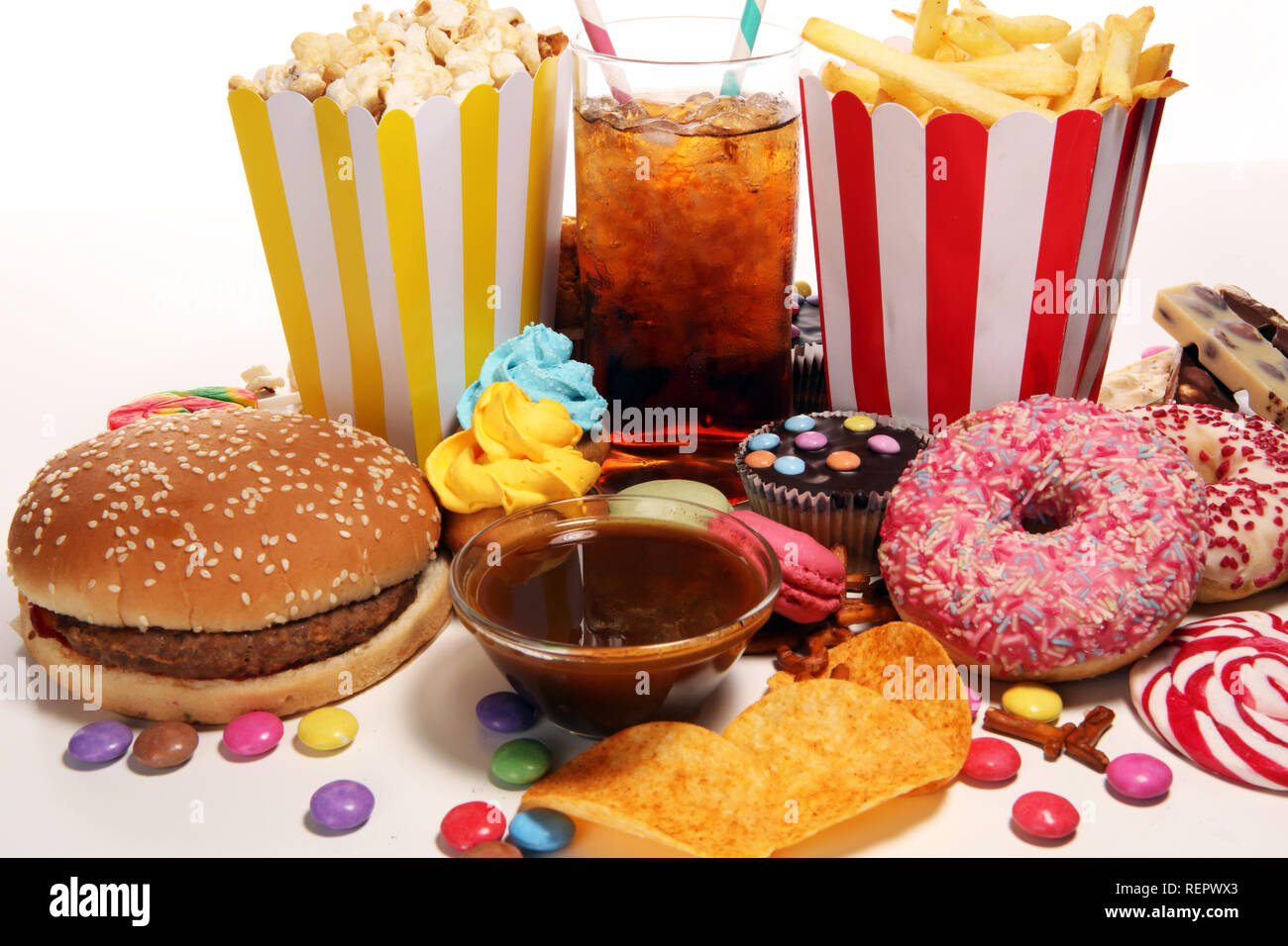 Unhealthy products. food bad for figure, skin, heart and teeth. Assortment of fast carbohydrates